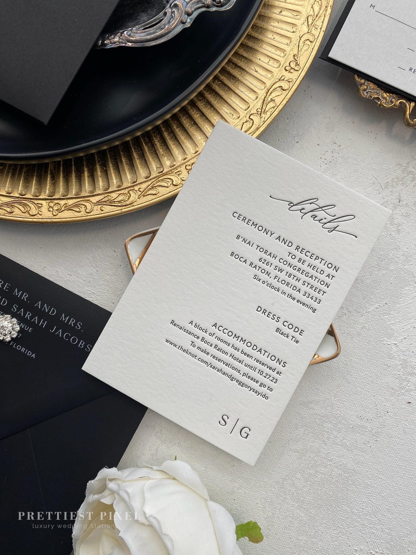 Black and White Letterpress | Black Invitations |  White Elegant Invites  | Wedding Invitation  - Style 283