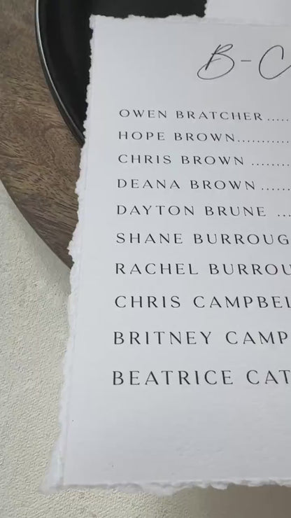 Wedding Seating Chart PRINTED - Alpha 5x7 on Textured Cardstock -  Deckle Edge Style 283