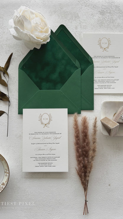 Forest Green Velvet Timeless Letterpress and Foil Wedding Invitations | Style 293