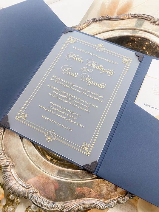 a blue and gold wedding suite on a silver platter